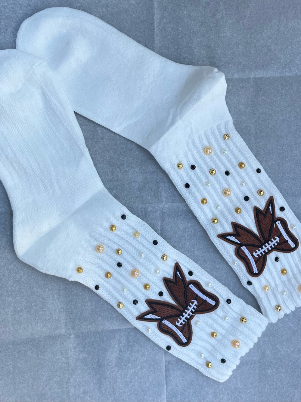 Women’s White Customized Knee-High Socks with Sparkle Football Patch NWOT